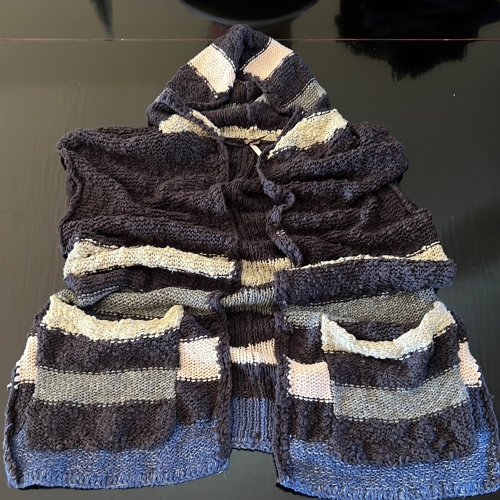 Free People Small Hooded Sleeveless Striped Cardigan